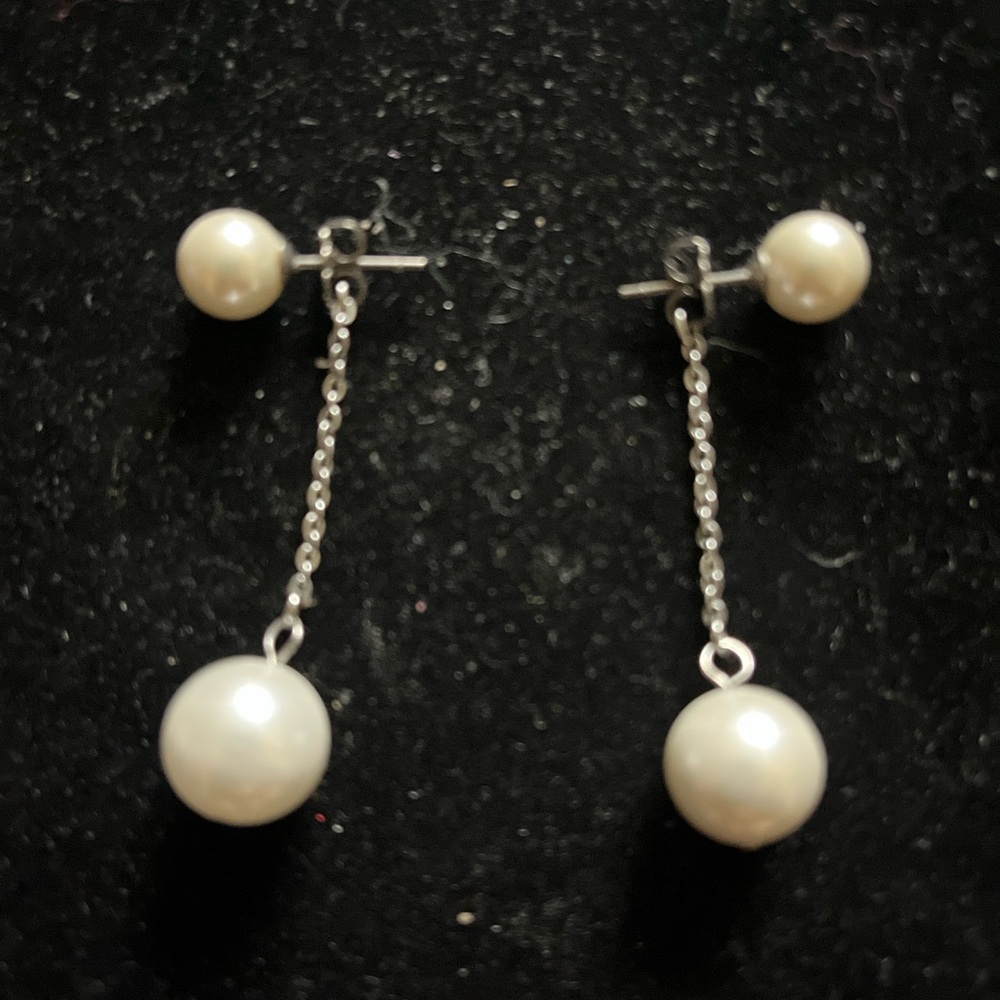 Tini Lux Silver and White Pearl Drop Earrings - Picture 7 of 16
